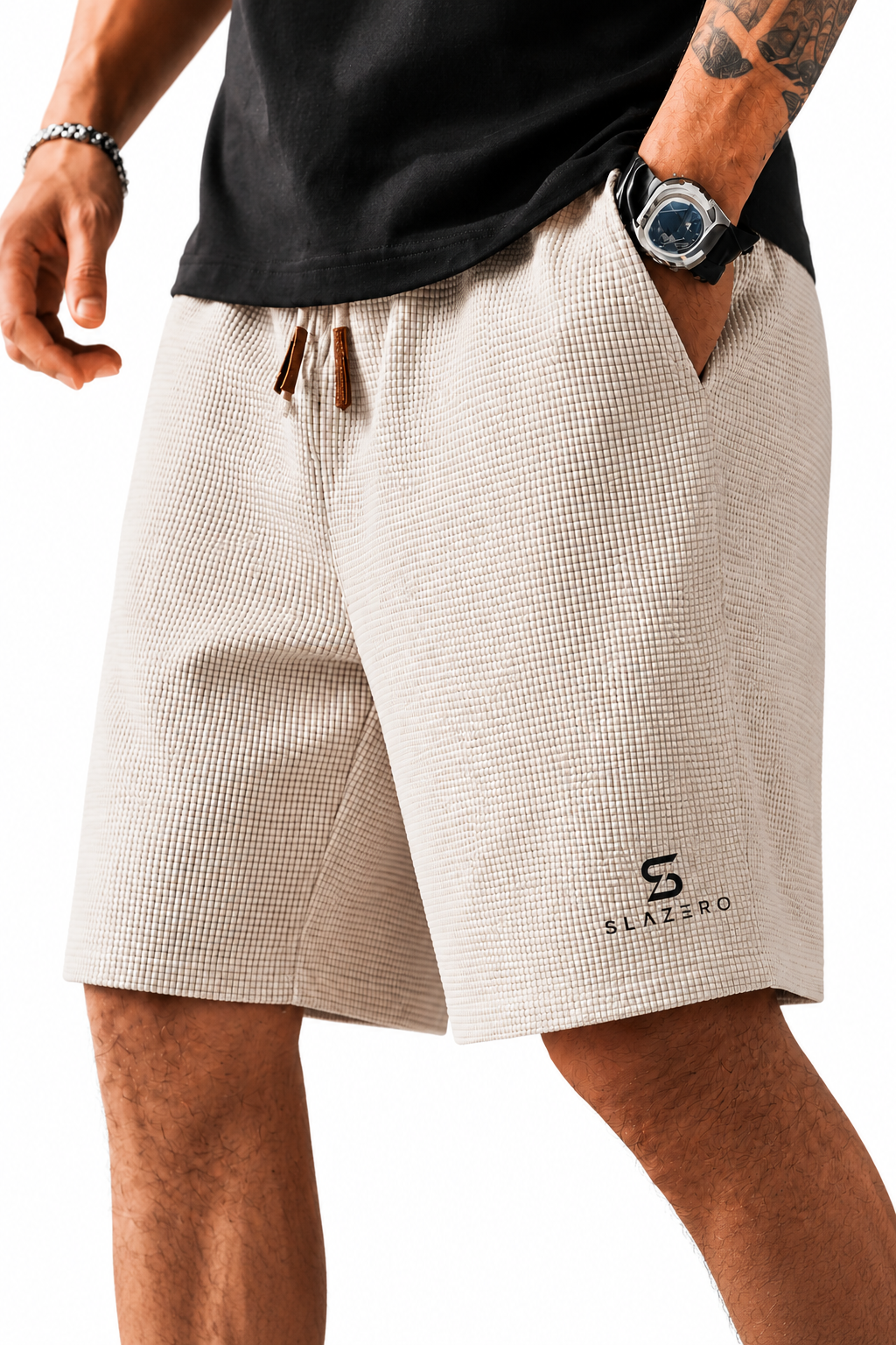 Slaziro Men's Waffle Knit Drawstring Shorts Cream