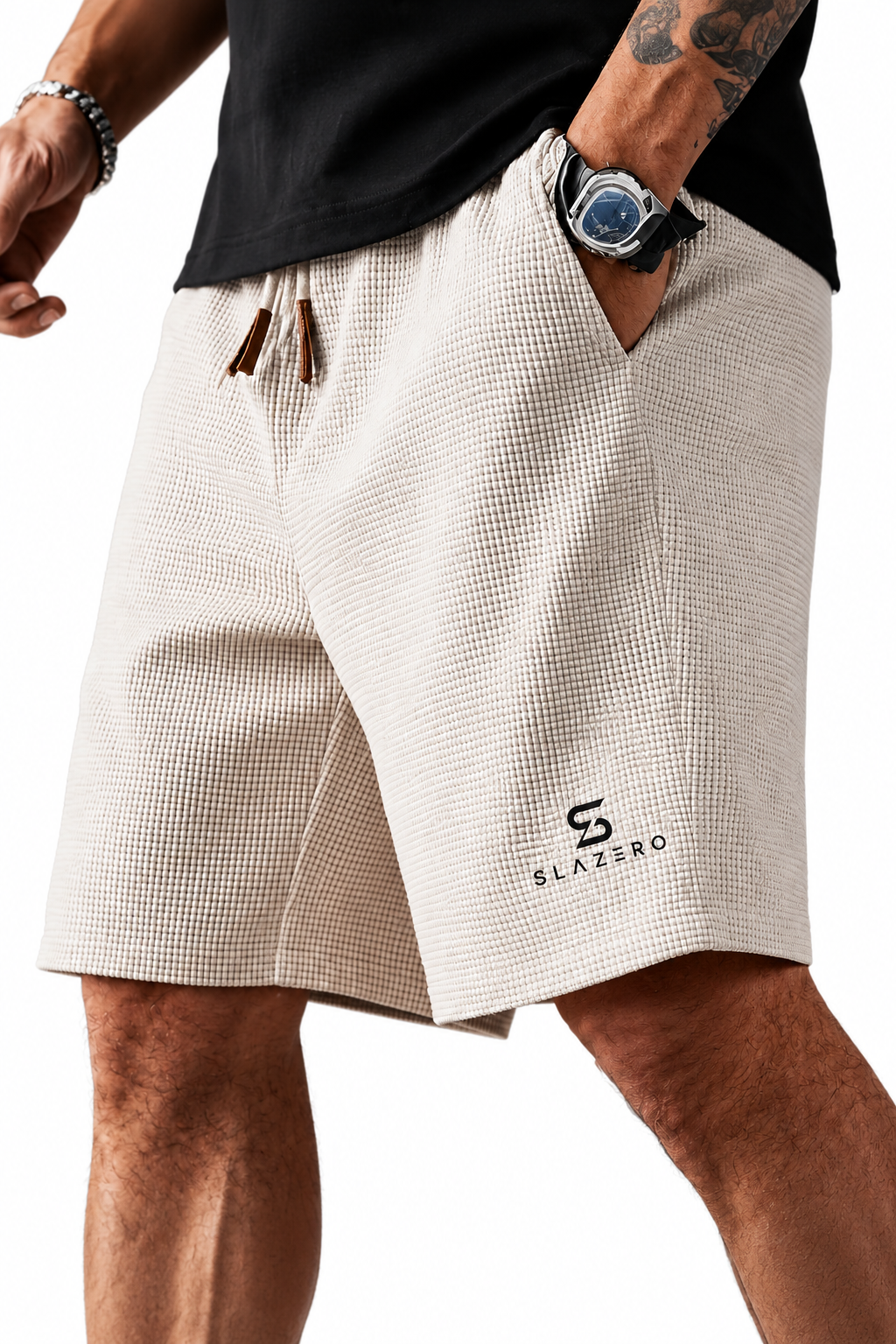 Slaziro Men's Waffle Knit Drawstring Shorts Cream