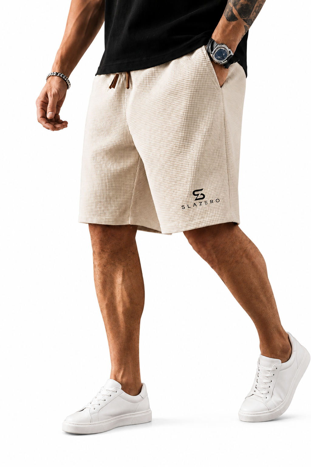 Slaziro Men's Waffle Knit Drawstring Shorts Cream